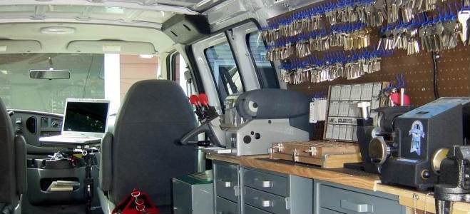 Mobile locksmith van with a key cutting machine and key blanks